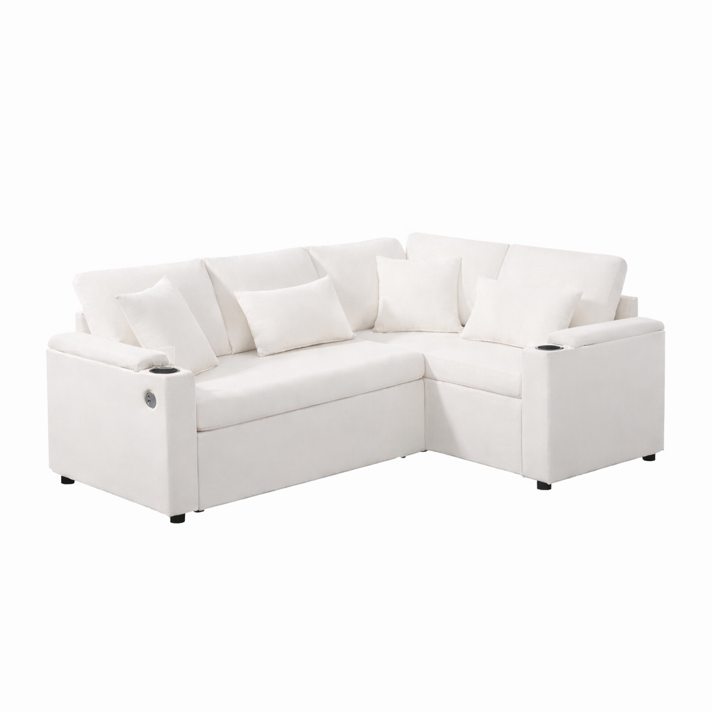 Canapé d’Angle Convertible LINÉO Alba avec Coffre, Ports USB et Porte-Gobelets – Tissu Bouclette Écru