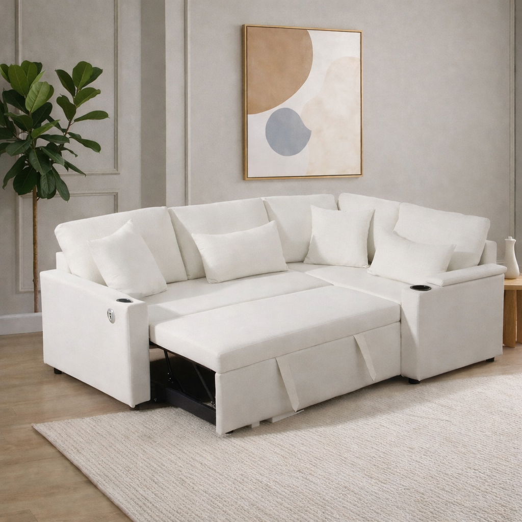 Canapé d’Angle Convertible LINÉO Alba avec Coffre, Ports USB et Porte-Gobelets – Tissu Bouclette Écru