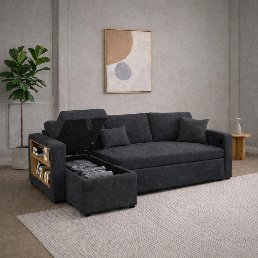Canapé d’Angle Convertible LINÉO Oria avec Méridienne, Coffre et Rangements Latéraux – Tissu Texturé Anthracite