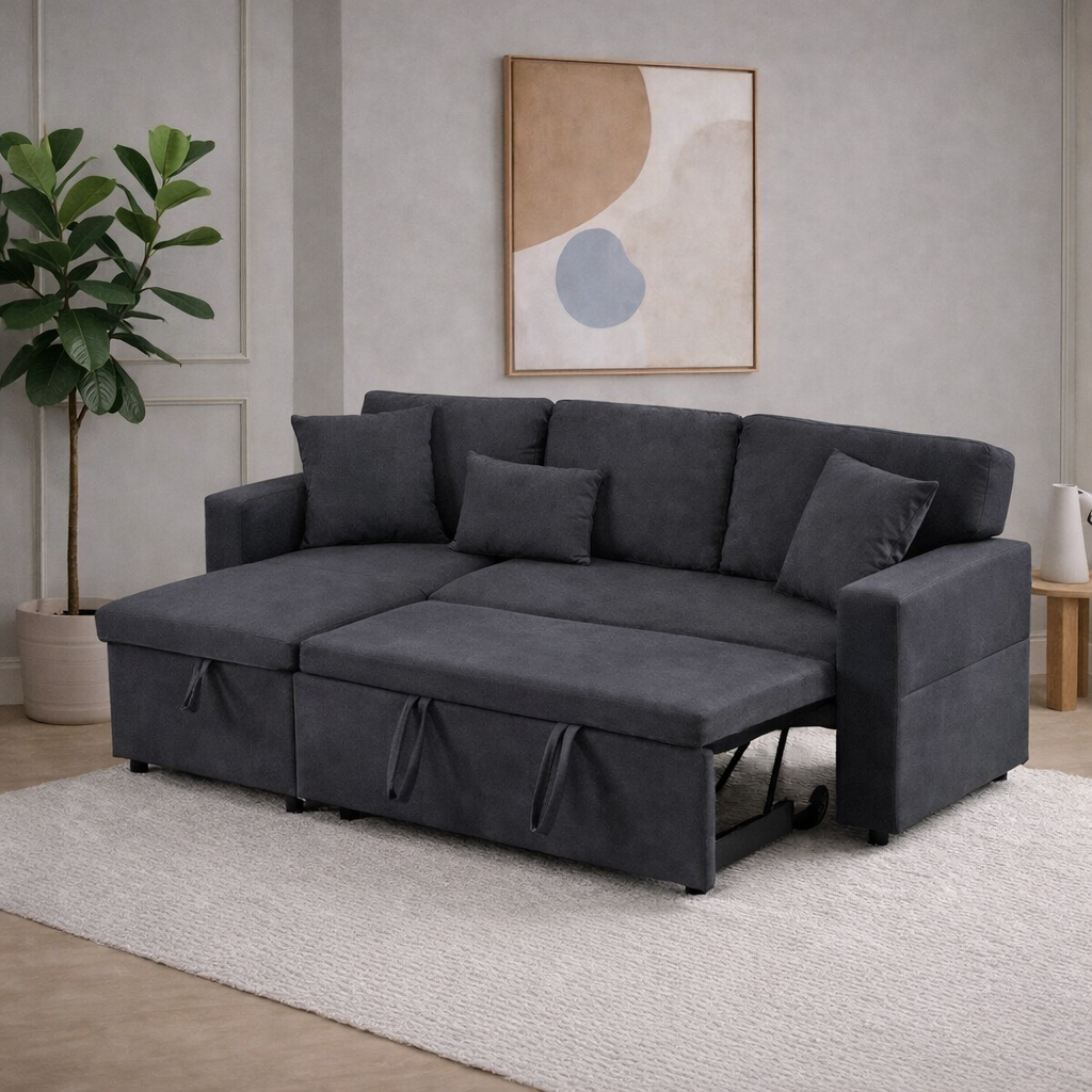 Canapé d’Angle Convertible LINÉO Oria avec Méridienne, Coffre et Rangements Latéraux – Tissu Texturé Anthracite