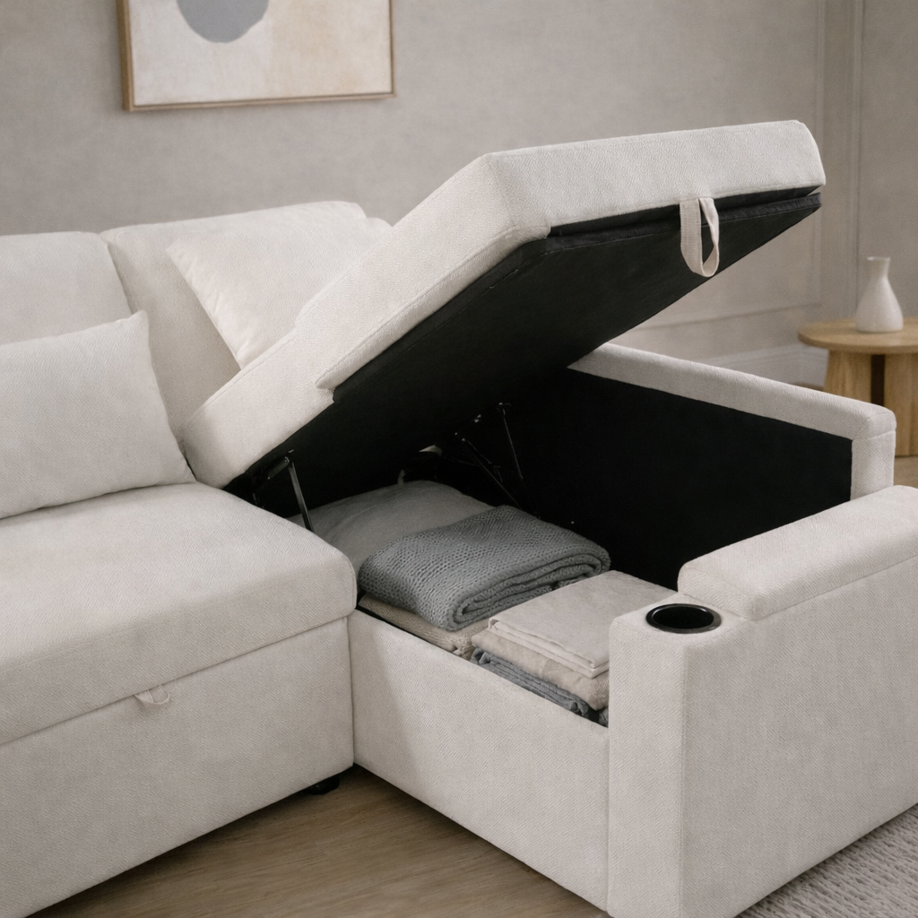 Canapé d’Angle Convertible LINÉO Alba avec Coffre, Ports USB et Porte-Gobelets – Tissu Bouclette Écru