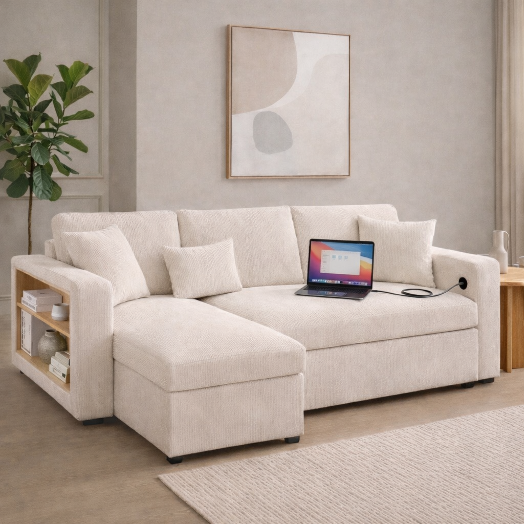 Canapé d’Angle Convertible LINÉO Oria avec Méridienne, Coffre et Rangements Latéraux – Tissu Texturé Anthracite