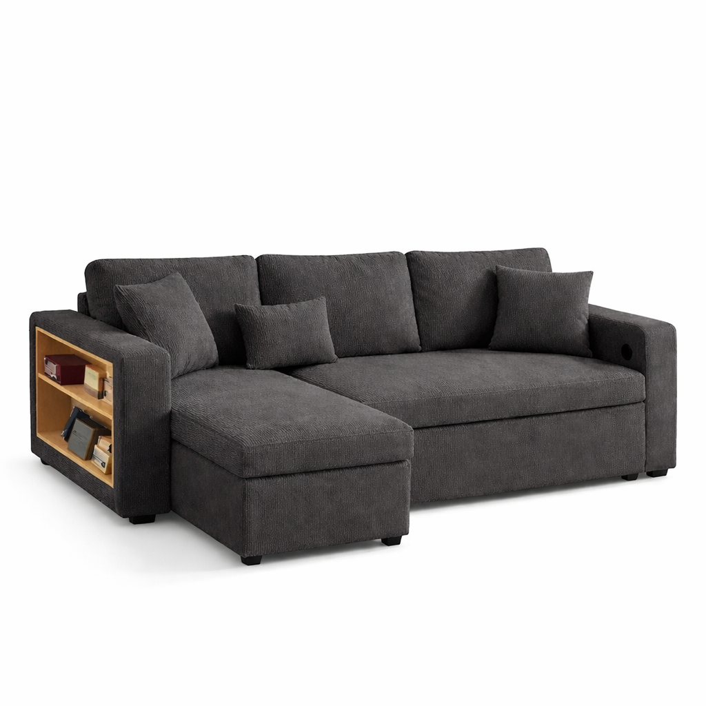 Canapé d’Angle Convertible LINÉO Oria avec Méridienne, Coffre et Rangements Latéraux – Tissu Texturé Anthracite