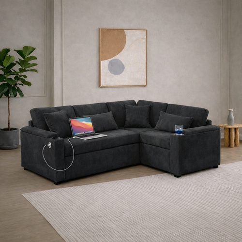 Canapé d’Angle Convertible LINÉO Alba avec Coffre, Ports USB et Porte-Gobelets – Tissu Bouclette anthracite