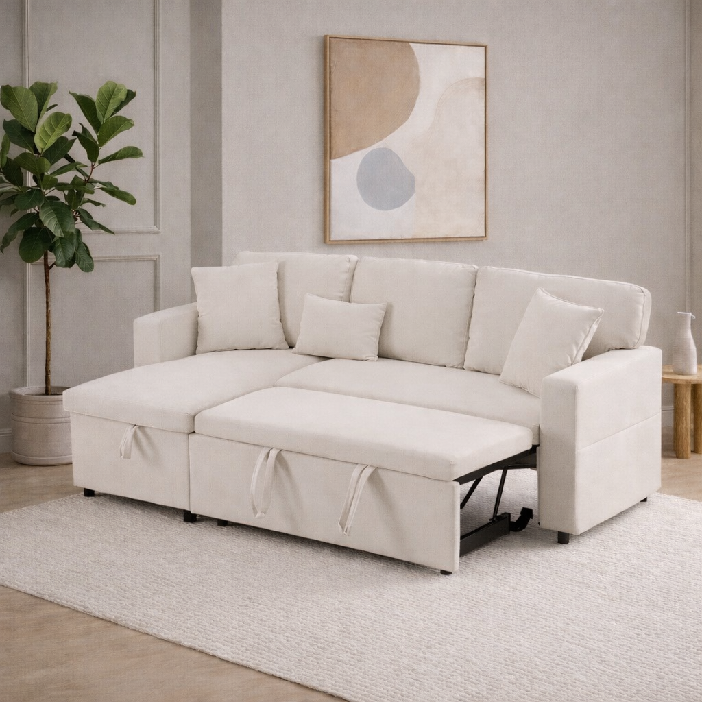 Canapé d’Angle Convertible LINÉO Oria avec Méridienne, Coffre et Rangements Latéraux – Tissu Texturé Anthracite
