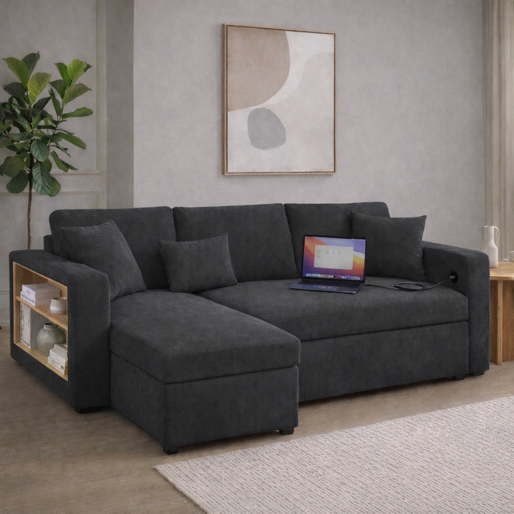 Canapé d’Angle Convertible LINÉO Oria avec Méridienne, Coffre et Rangements Latéraux – Tissu Texturé Anthracite