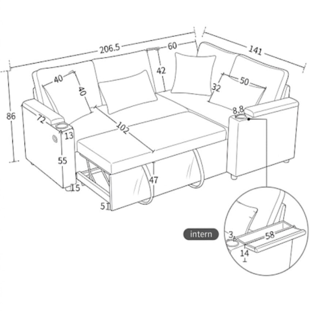 Canapé d’Angle Convertible LINÉO Alba avec Coffre, Ports USB et Porte-Gobelets – Tissu Bouclette Écru