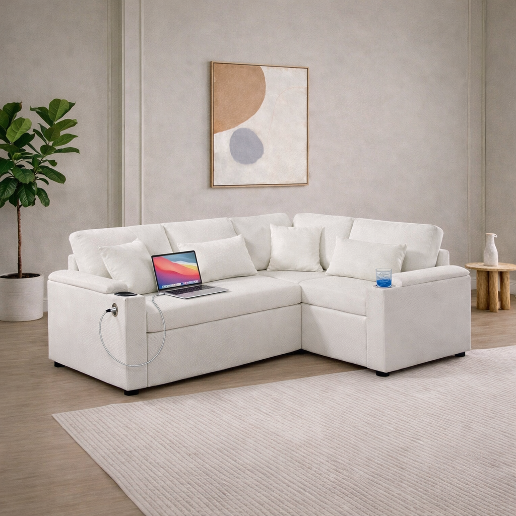 Canapé d’Angle Convertible LINÉO Alba avec Coffre, Ports USB et Porte-Gobelets – Tissu Bouclette Écru