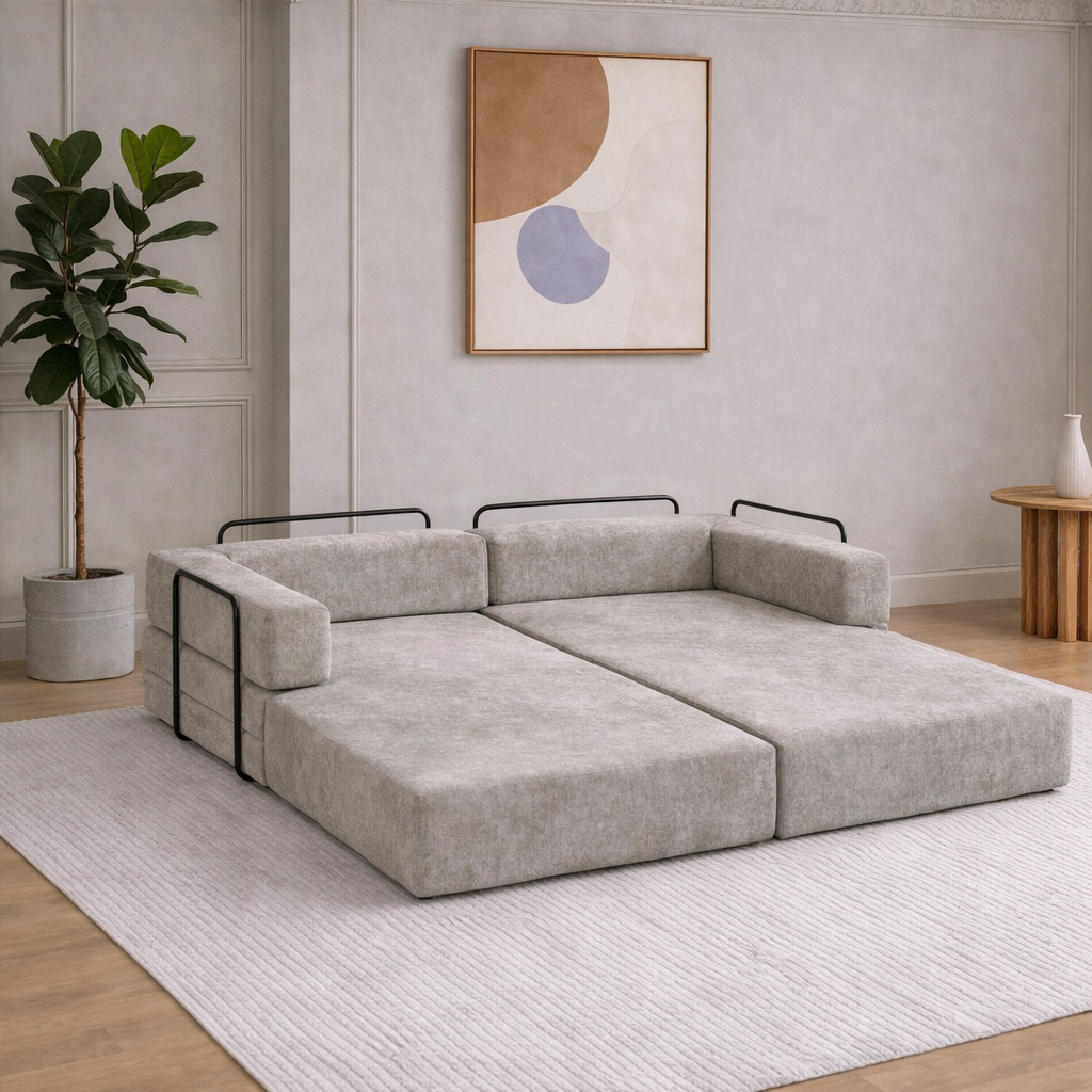 Canapé Convertible Modulable LINÉO Auron – Design Contemporain en tissu gris clair