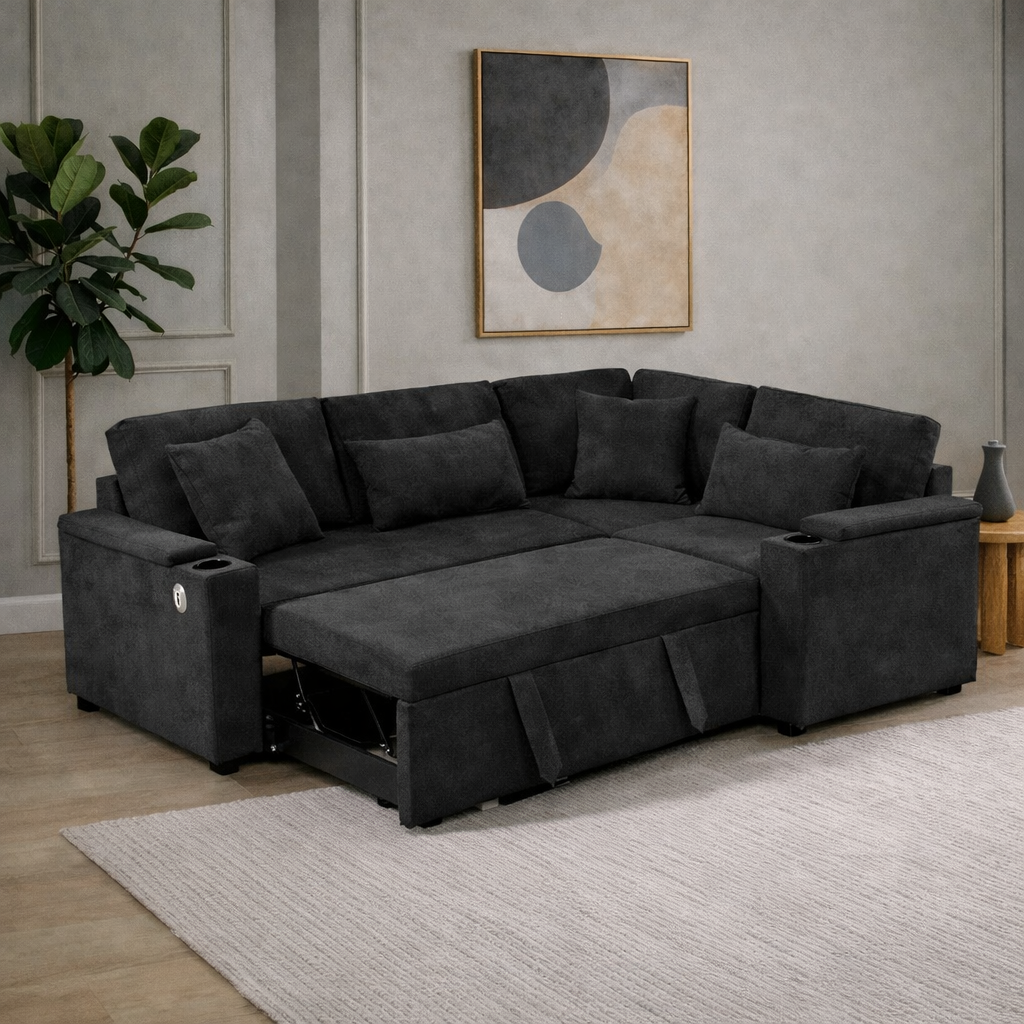 Canapé d’Angle Convertible LINÉO Alba avec Coffre, Ports USB et Porte-Gobelets – Tissu Bouclette anthracite