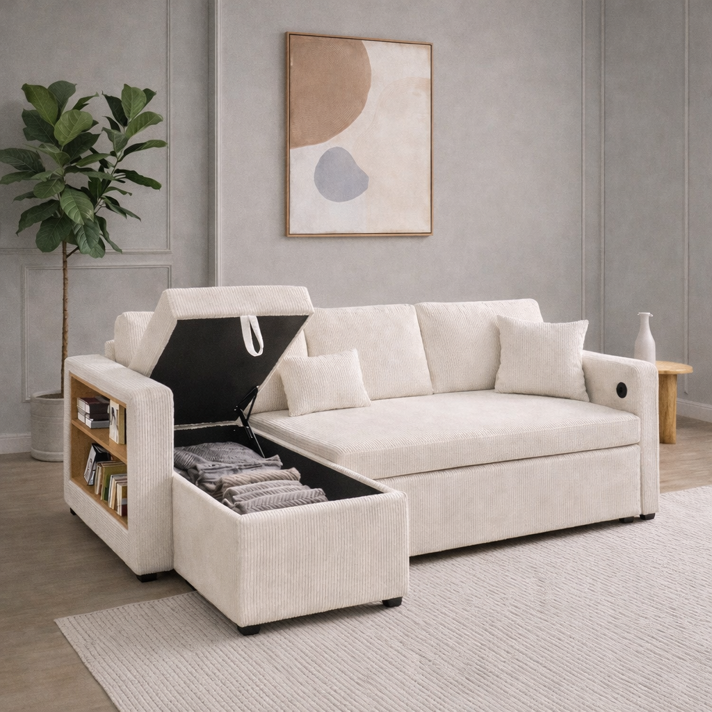 Canapé d’Angle Convertible LINÉO Oria avec Méridienne, Coffre et Rangements Latéraux – Tissu Texturé Anthracite