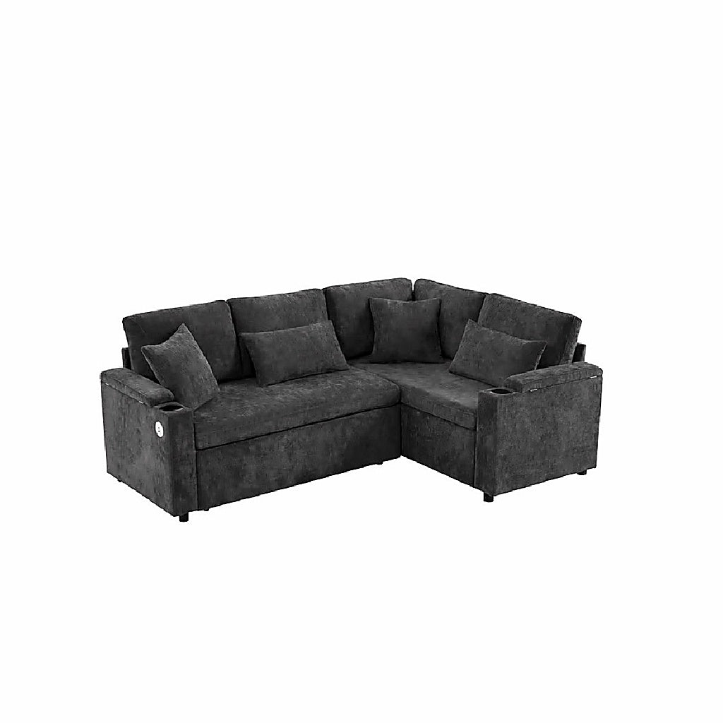 Canapé d’Angle Convertible LINÉO Alba avec Coffre, Ports USB et Porte-Gobelets – Tissu Bouclette anthracite