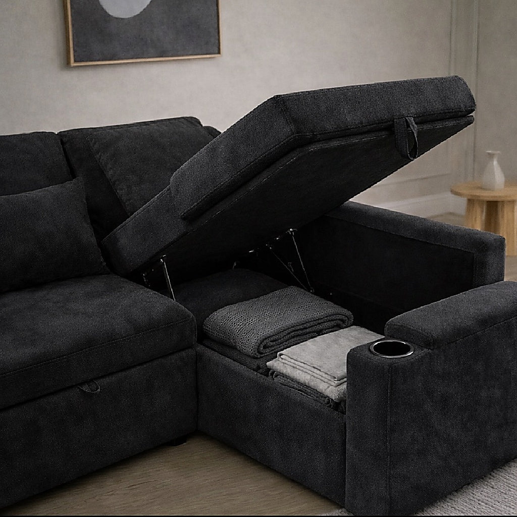 Canapé d’Angle Convertible LINÉO Alba avec Coffre, Ports USB et Porte-Gobelets – Tissu Bouclette anthracite